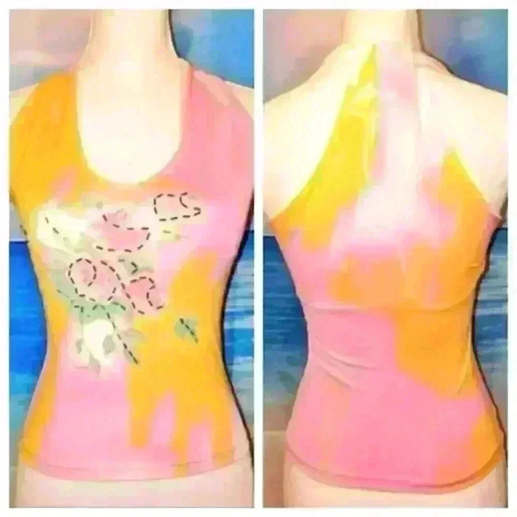 SOFIA DUEX Womans HIGH END Lined PINK and YELLOW Floral STRETCH Print Raceback S - Picture 1 of 5